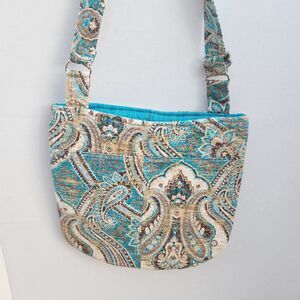 Handmade Aqua Blue Daisy Dot Paisley Cotton Crossbody Hipster Med Bag 9 1/2"x10"